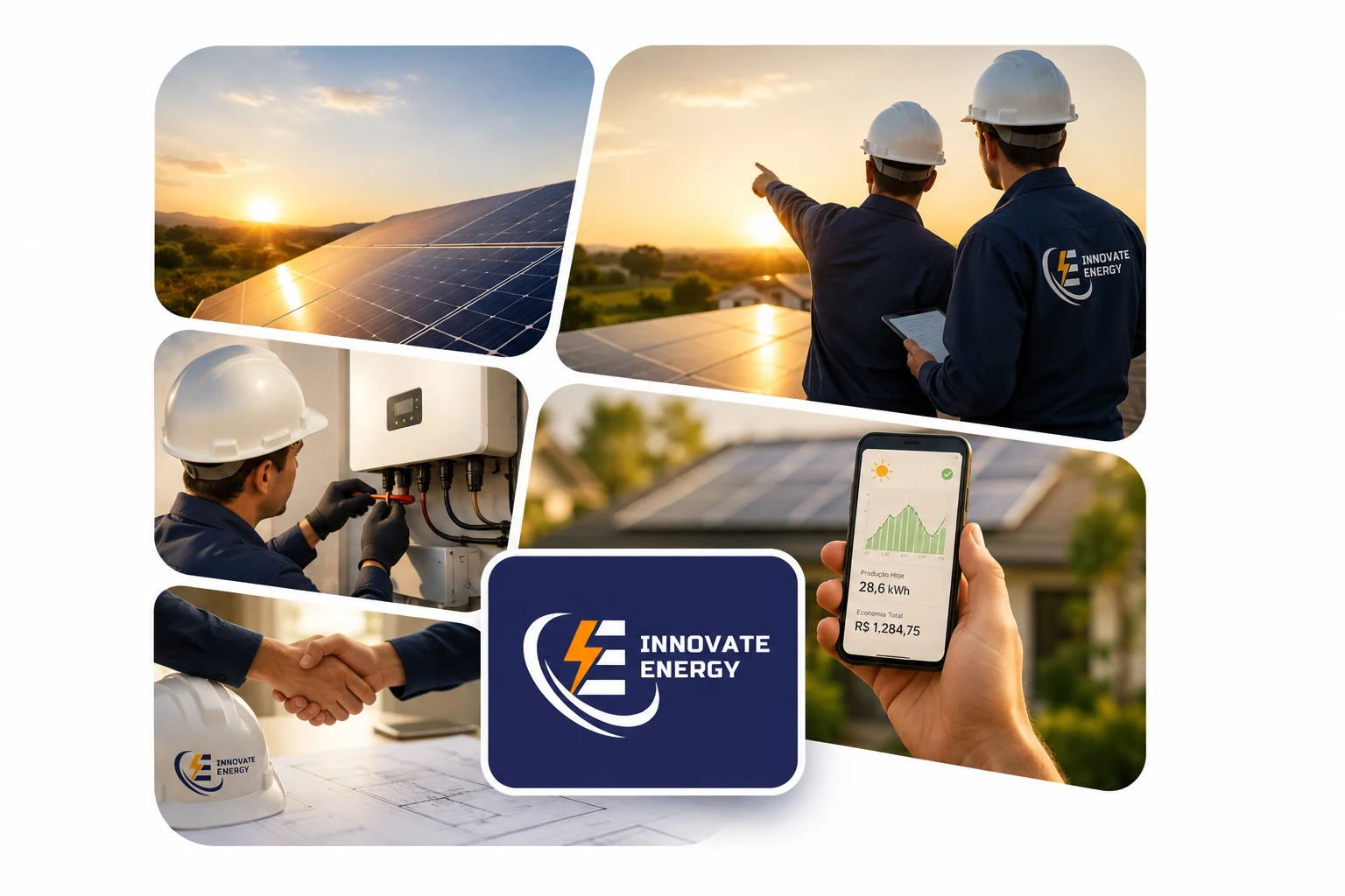 Equipe da INNOVATE ENERGY em instalação de painéis solares, vistoria técnica, assinatura de contrato e monitoramento pelo aplicativo